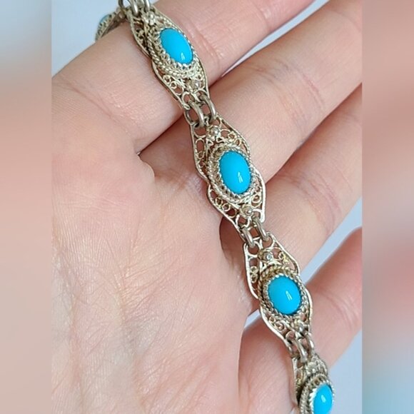 Vintage Antique Boho Sterling Silver Turquoise Cabochon Filigree Chain Bracelet - Picture 9 of 12